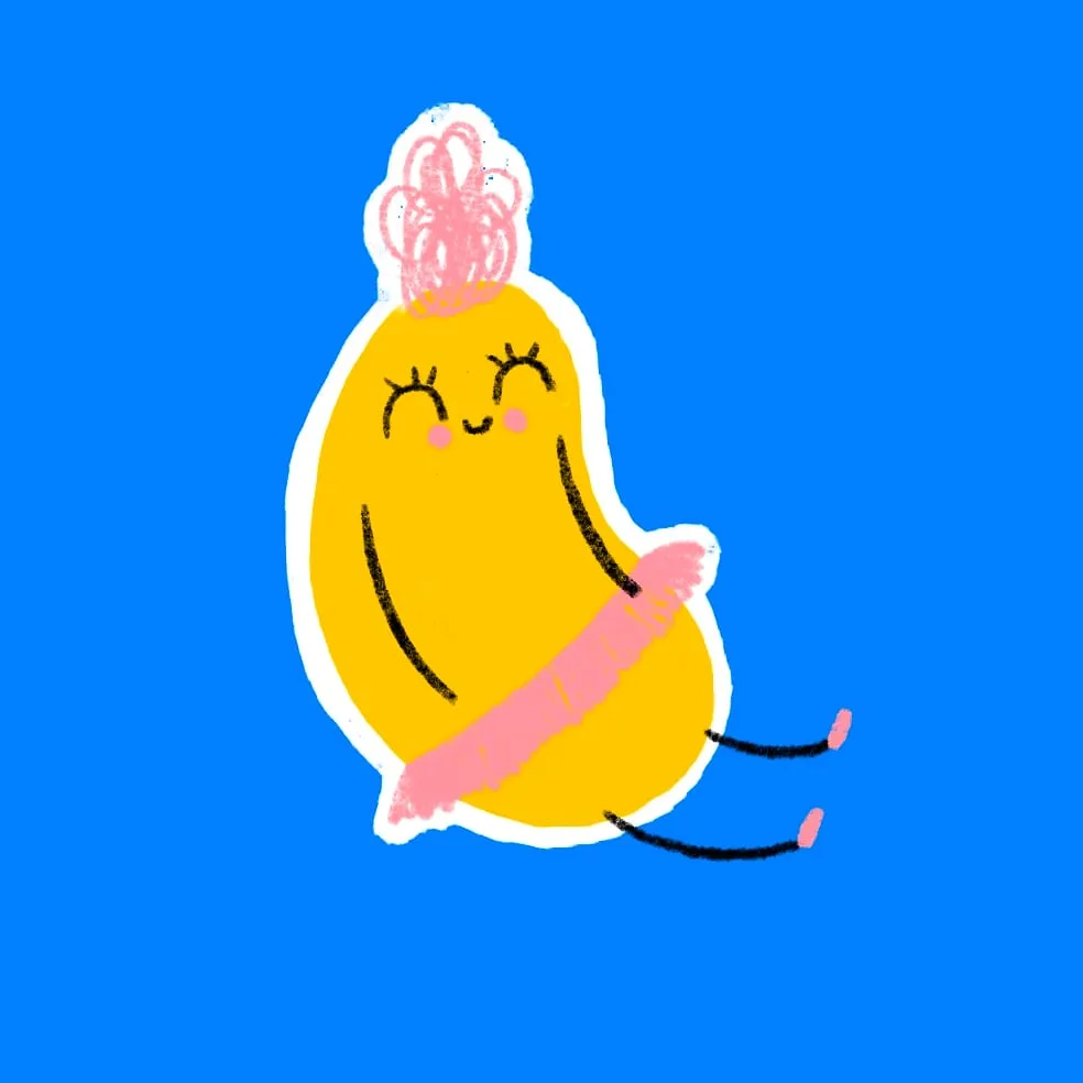 Plump yellow bean with curly pink hair and a pink scarf, sitting on bright blue
