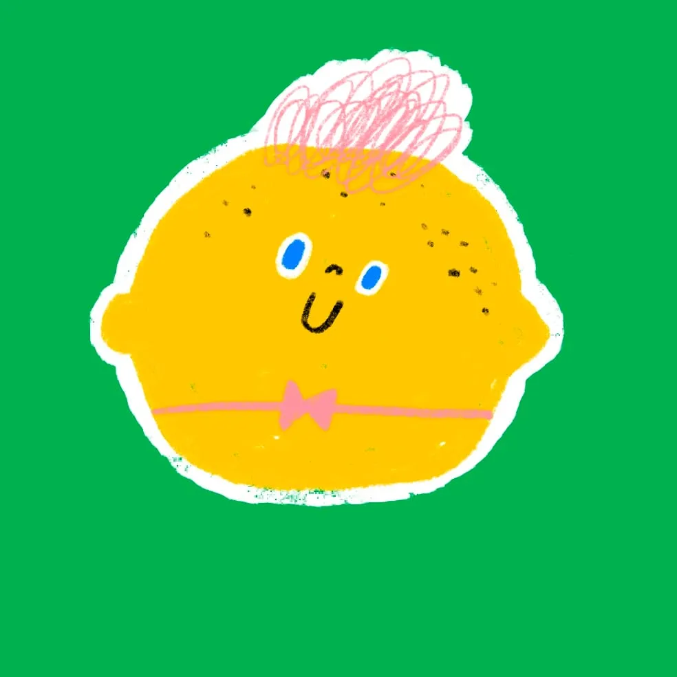 Yellow lemon with scribbled pink hair and a pink ribbon tied around its middle