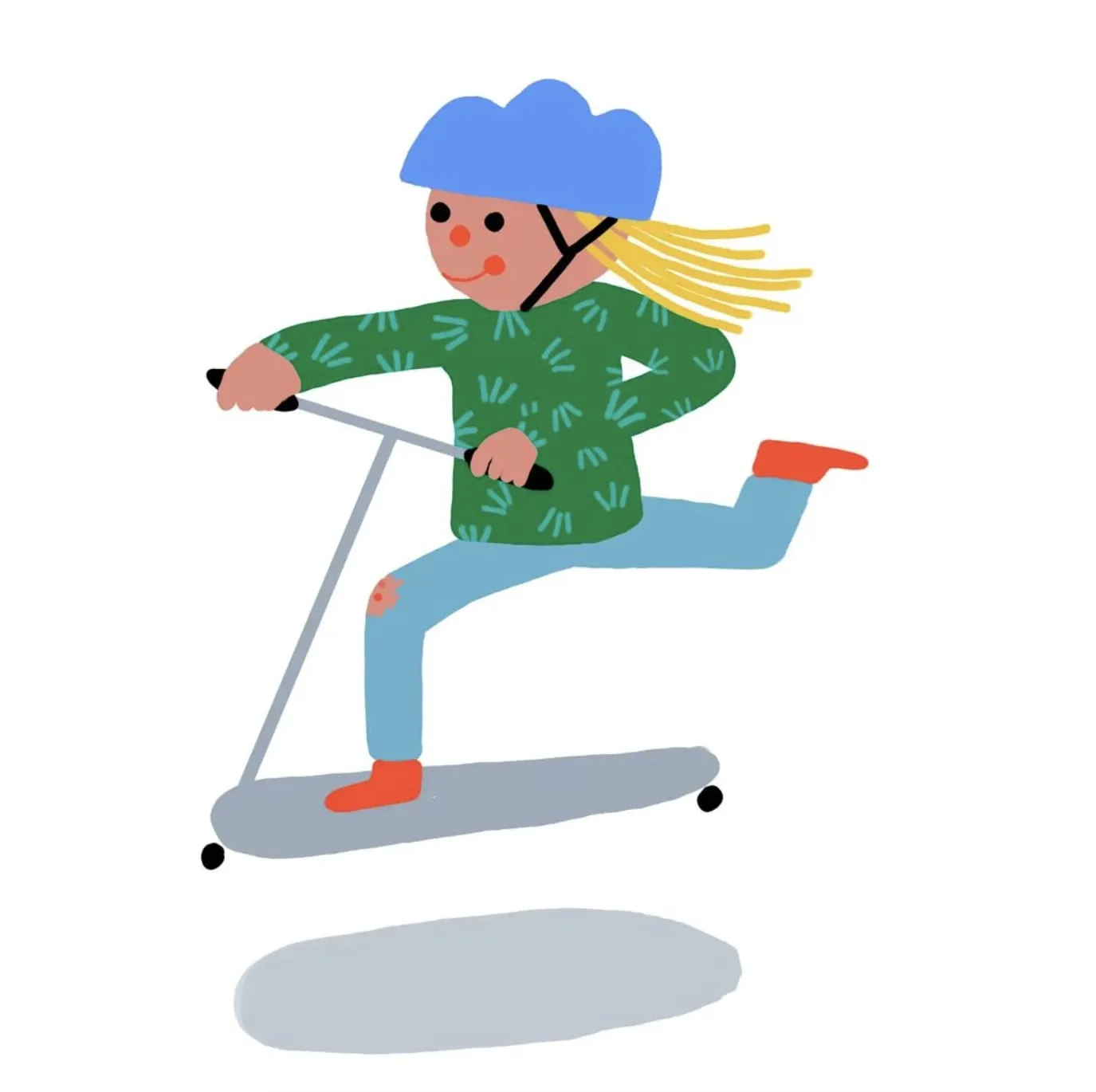 Girl in a blue helmet riding a grey kick scooter, green patterned jumper, red shoes, blonde hair flying