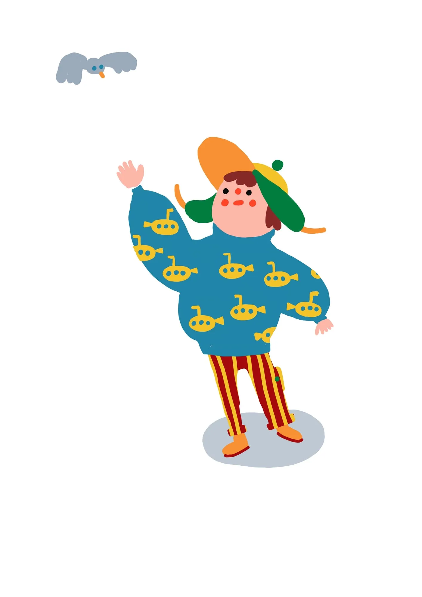 Child in a teal jumper printed with yellow submarines waving up at a grey bird, striped trousers